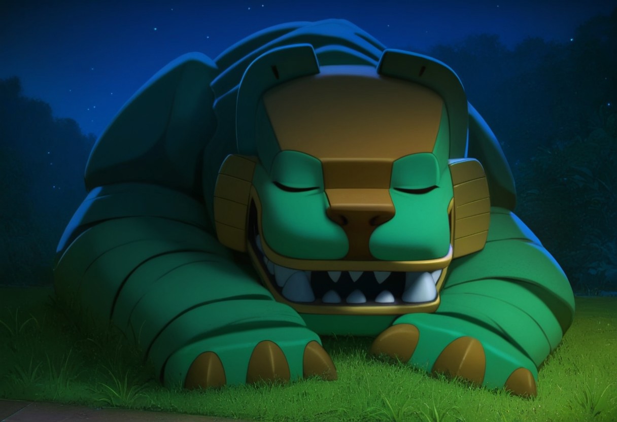 score_9, score_8_up, score_7_up, solo,  Expressiveh, (jaguar, feral, stone creature, teeth, fangs, green body, stone body, stone skin, eyes closed, sleeping, close-up, tail, closed mouth, fangs, claws), grass, lying on grass, (park, night), macro, detailed background, detailed background, 4k, masterpiece, best quality, highly detailed, realistic