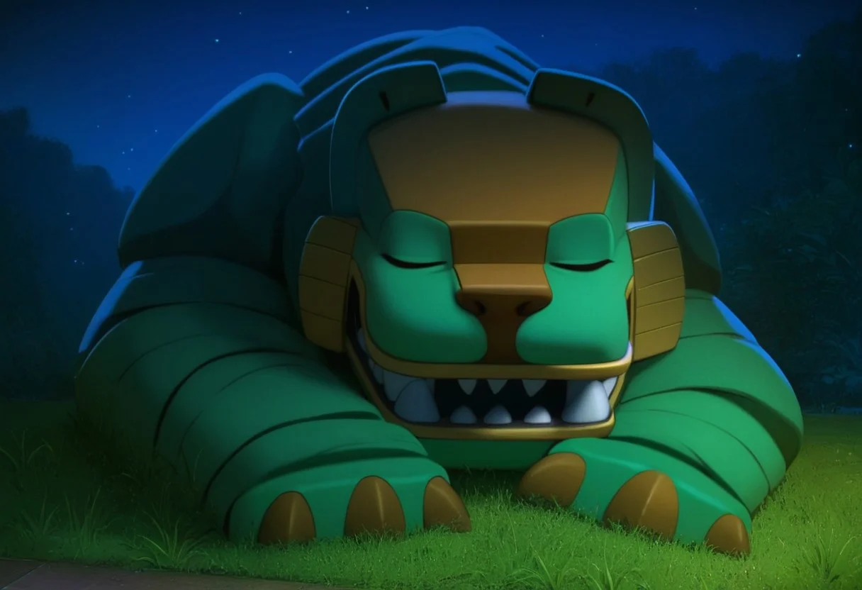 score_9, score_8_up, score_7_up, solo,  Expressiveh, (jaguar, feral, stone creature, teeth, fangs, green body, stone body, stone skin, eyes closed, sleeping, close-up, tail, closed mouth, fangs, claws), grass, lying on grass, (park, night), macro, detailed background, detailed background, 4k, masterpiece, best quality, highly detailed, realistic