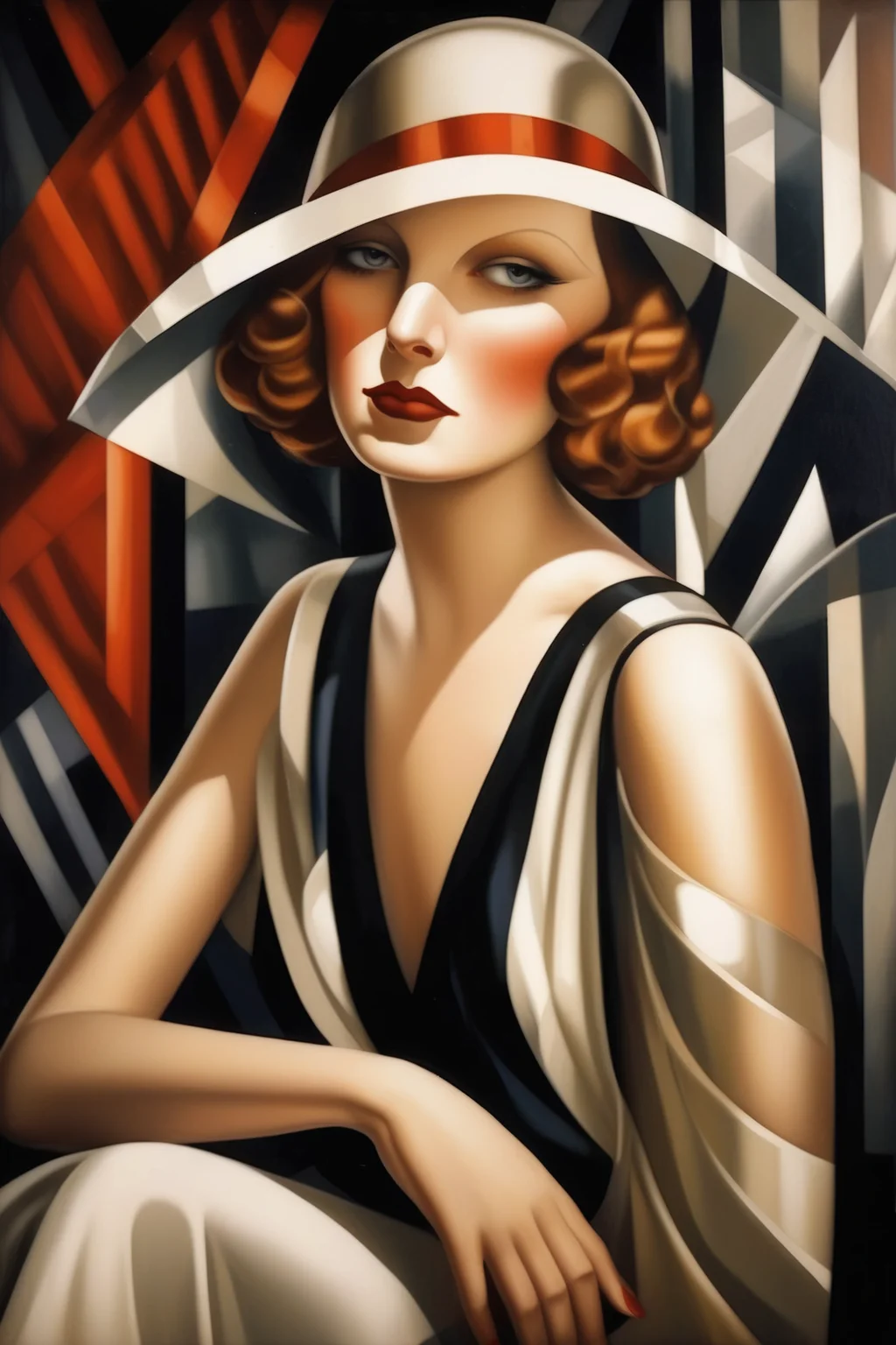 <lora:Tamara De Lempicka Style:1>Tamara De Lempicka Style - A painting of a very beautiful, middle aged woman in the art deco style of Tamara de Lempicka.