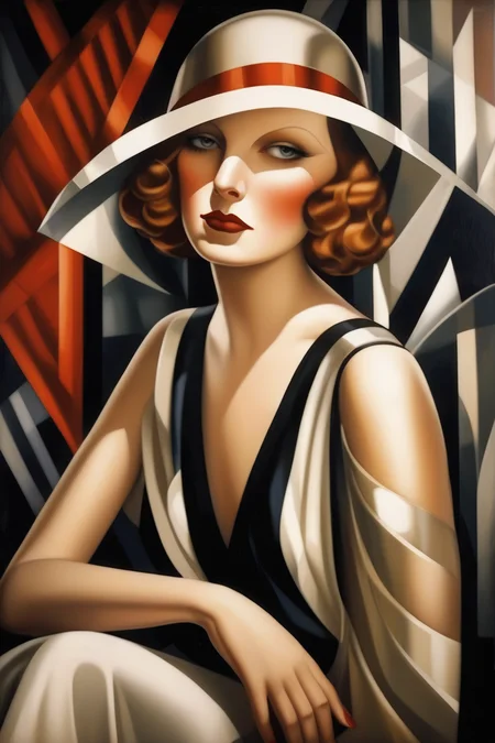 <lora:Tamara De Lempicka Style:1>Tamara De Lempicka Style - A painting of a very beautiful, middle aged woman in the art deco style of Tamara de Lempicka.