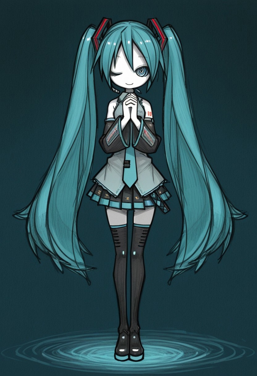 1girl, hatsune miku, standing, one eye closed, looking at viewer, no nose, closed mouth, smile, own hands clasped, praying, floating, full body, straight-on, sketch, dark blue background, spot color, millipen \(medium\), ueda hajime, masterpiece, best quality, good quality