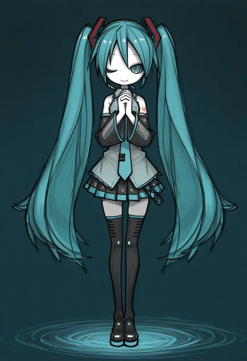 1girl, hatsune miku, standing, one eye closed, looking at viewer, no nose, closed mouth, smile, own hands clasped, praying, floating, full body, straight-on, sketch, dark blue background, spot color, millipen \(medium\), ueda hajime, masterpiece, best quality, good quality