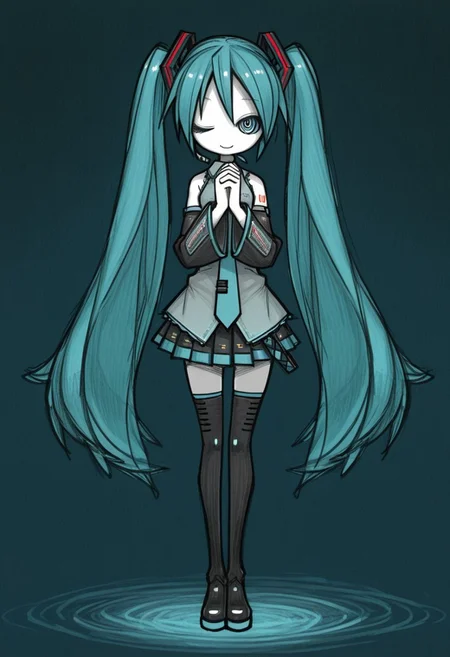 1girl, hatsune miku, standing, one eye closed, looking at viewer, no nose, closed mouth, smile, own hands clasped, praying, floating, full body, straight-on, sketch, dark blue background, spot color, millipen \(medium\), ueda hajime, masterpiece, best quality, good quality