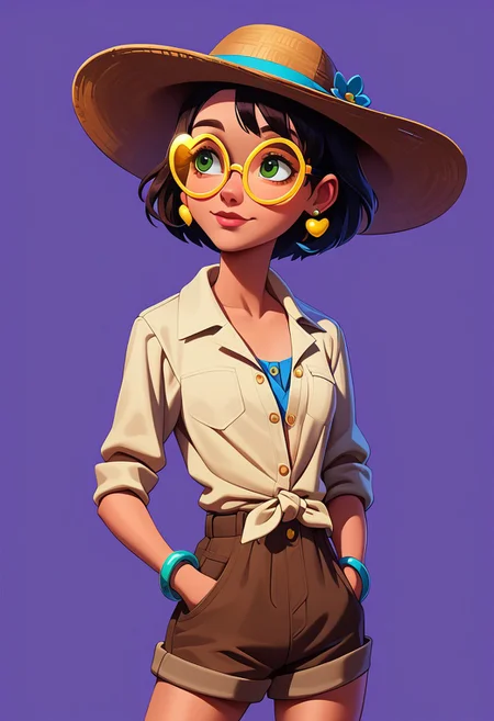 score_9, score_8_up, score_7_up, mgas, masterpiece, best quality, detailed eyes, detailed face, perfect eyes, high detailed, absurdres, highres, casual game art, mobile game art, merge 3 game art, character design, BREAK, 1girl, woman, young, solo, thoughtful, small breasts, brown short hair, green eyes, (gray small round earrings), ((golden heart shaped glasses:1.5)), 2 bracelets on the left hand, a blue bracelet on the left hand, a white bracelet on the left hand, a brown straw panama hat with a white flower on the left, a white T-shirt under shirt, ((unbuttoned blue check shirt tied at the waist)), (brown short shorts with pockets and buttons), BREAK ((the right hand is at the face, the right hand is raised, the right hand is at the chin, the left hand holds the right arm at the elbow, the left arm is bent at the elbow)), looking to the right, standing, cowboy shot, semi-sideways, half-sideways, BREAK simple background, violet background