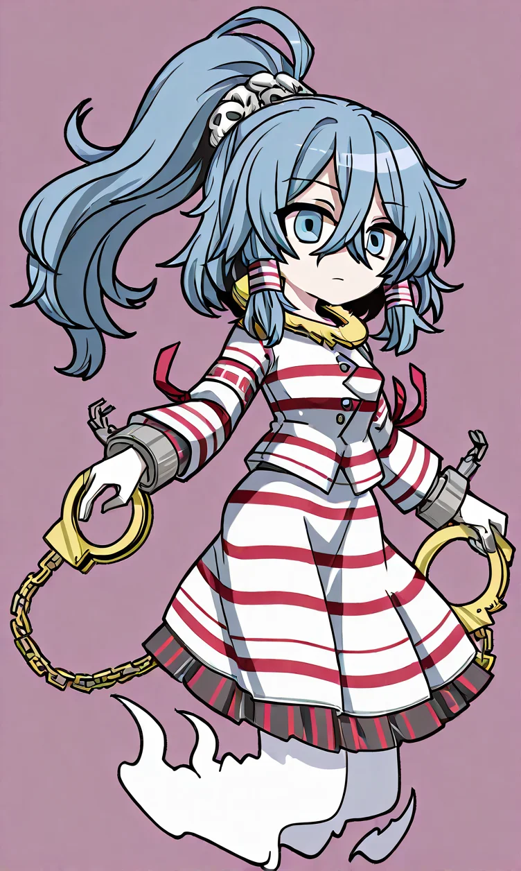 <lora:Illustrious_Touhou_Puppet_Dance_Performance_Portrait:1>, thick outline, <lora:Mizuchi-Miyadeguchi_Illustrious:1> miyadeguchi mizuchi, 1girl, solo, blue eyes, blue hair, long hair, hair tubes, ponytail, ghost tail, skull hair ornament, white gloves, white shirt, long sleeves, striped shirt, striped skirt, chain, cuffs, shackles, gold handcuffs, sleeve ribbon,