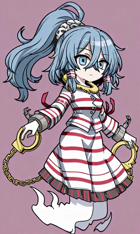 <lora:Illustrious_Touhou_Puppet_Dance_Performance_Portrait:1>, thick outline, <lora:Mizuchi-Miyadeguchi_Illustrious:1> miyadeguchi mizuchi, 1girl, solo, blue eyes, blue hair, long hair, hair tubes, ponytail, ghost tail, skull hair ornament, white gloves, white shirt, long sleeves, striped shirt, striped skirt, chain, cuffs, shackles, gold handcuffs, sleeve ribbon,
