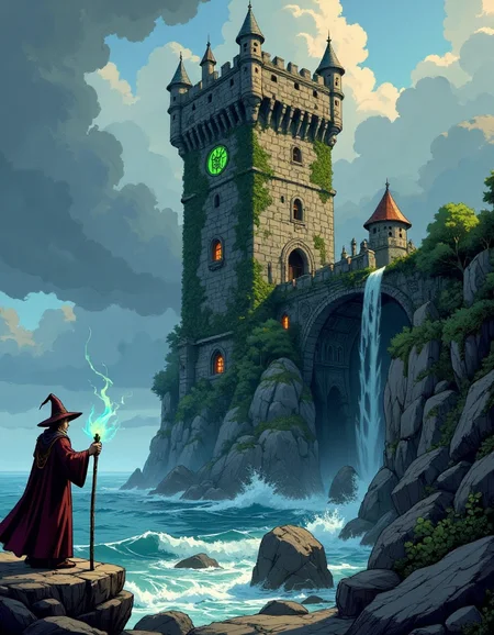 a wizard’s tower perched on a cliff overlooking a stormy sea. The tower is ancient and covered in ivy, with glowing runes and magical symbols etched into the stone. In the foreground, the wizard, dressed in flowing robes and holding a staff, is seen casting a powerful spell. 