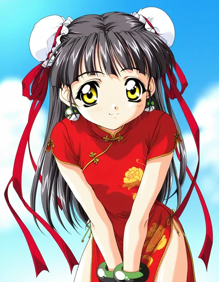masterpiece, best quality, good quality, <lora:Kounyan_Spiral_NAMI_IS:1>Kounyan, black hair, long hair, double bun, hair bun, bun cover, yellow eyes, ribbon, earrings, flat chest, green jewelry, 2000s \(style\),anime coloring, short stack,
1girl, solo, chinese clothes, china dress, red dress, smile, paw pose,
bracelet, short hair, v arms,
blue sky,
