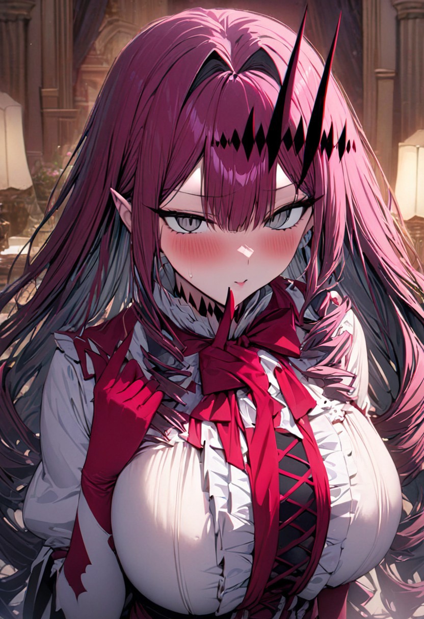 masterpiece, best quality, ultra-detailed, anime, masterpiece, intricate, best quality, 4k, (high detail:1.2), (incredibly detailed:1.4), (high detailed background, mansion), baobhan-sith-(fate), huge breasts, look away from viewer, finger heart, blush