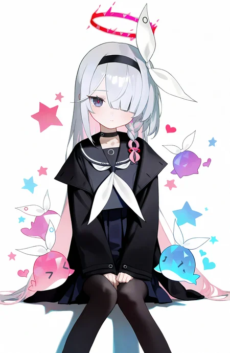 plana_\(blue_archive\), 1girl, solo, long_hair, looking_at_viewer, simple_background, skirt, long_sleeves, white_background, closed_mouth, sitting, school_uniform, white_hair, pink_hair, braid, multicolored_hair, heart, pantyhose, pleated_skirt, hairband, open_clothes, choker, serafuku, black_skirt, sailor_collar, hair_over_one_eye, black_eyes, halo, coat, black_pantyhose, neckerchief, feet_out_of_frame, single_braid, black_choker, black_hairband, colored_inner_hair, black_coat, black_sailor_collar, black_serafuku, red_halo, white_neckerchief, red_pupils