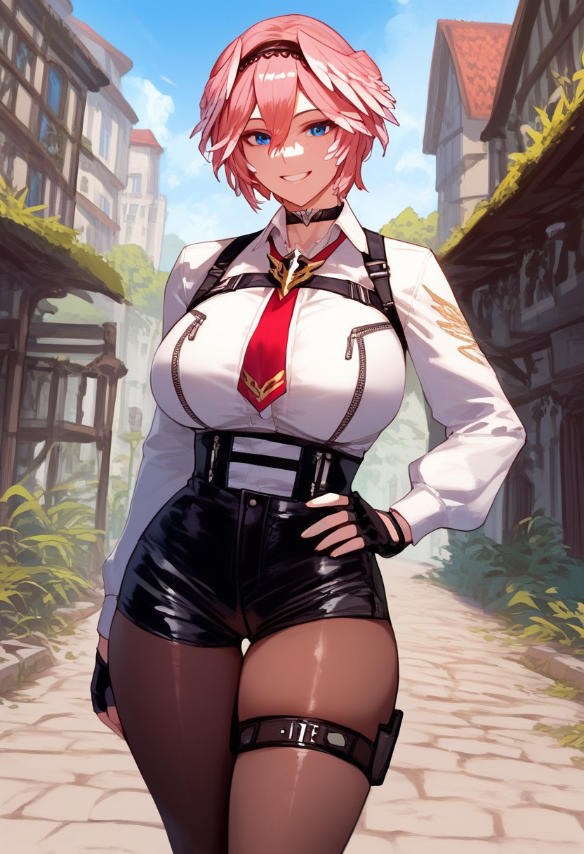 (score_9, score_8_up, score_7_up, high quality, best quality, ultra-detailed, very aesthetic, illustration, perfect composition, intricate details, absurdres, high res image, masterpiece, vibrant colors, beautiful face, detailed face, 1girl, solo focus, perfect eyes, detailed eyeshand, perfect hands), female, pink hair, short hair, parted hair, double-parted bangs, hair between eyes, black hairband, blue eyes, pale skin, thick thighs, perfect body, voluptuous, huge breasts, curvy body, narrow-waisted, wide hips, (luiFirst, hair wings, black choker, white shirt, chest harness, breast zipper, red necktie, white ascot, long sleeves, white shirt, black gloves, partially fingerless gloves, thigh strap, high-waist shorts, leather shorts, black shorts, pantyhose, strappy heels, black footwear), (hand on hip, small smile), (fantasy, outdoors, town, park)
