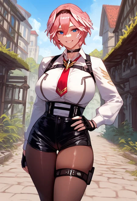 (score_9, score_8_up, score_7_up, high quality, best quality, ultra-detailed, very aesthetic, illustration, perfect composition, intricate details, absurdres, high res image, masterpiece, vibrant colors, beautiful face, detailed face, 1girl, solo focus, perfect eyes, detailed eyeshand, perfect hands), female, pink hair, short hair, parted hair, double-parted bangs, hair between eyes, black hairband, blue eyes, pale skin, thick thighs, perfect body, voluptuous, huge breasts, curvy body, narrow-waisted, wide hips, (luiFirst, hair wings, black choker, white shirt, chest harness, breast zipper, red necktie, white ascot, long sleeves, white shirt, black gloves, partially fingerless gloves, thigh strap, high-waist shorts, leather shorts, black shorts, pantyhose, strappy heels, black footwear), (hand on hip, small smile), (fantasy, outdoors, town, park)