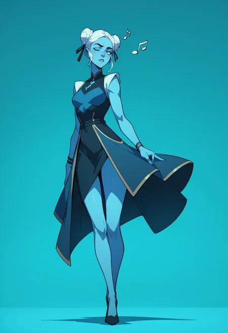 score_9, score_8_up, score_7_up, score_6_up, score_5_up, score_4_up,
<lora:VoxMachina:1> v0x,
1girl, solo, colored skin, hair bun, musical note, dress, white hair, blue skin, full body, double bun