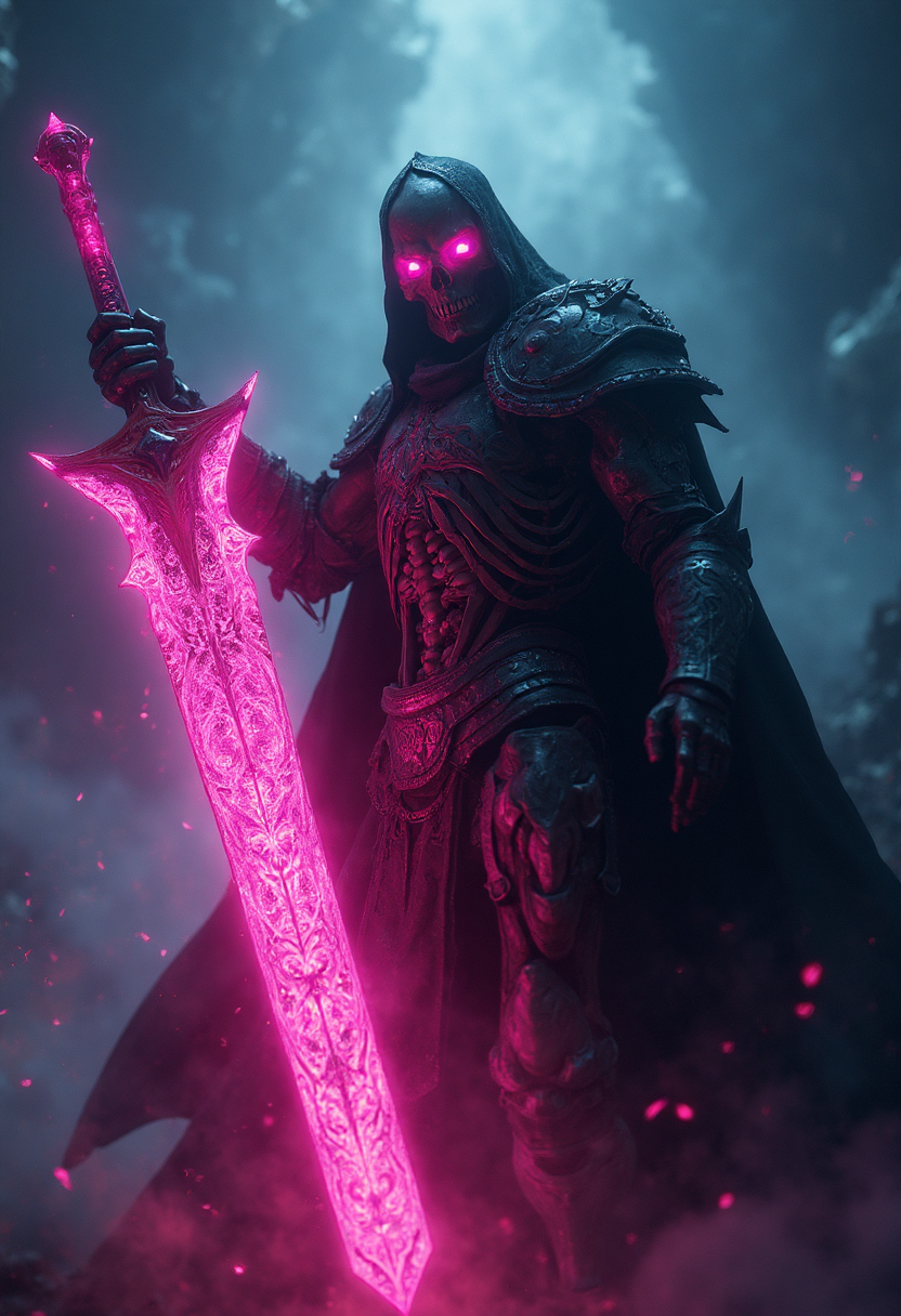 cinematic film still, menacing skeletal figure in ornate dark armor. The skull-faced warrior wields a massive, glowing pink sword. The armor has sharp, angular patterns, and the skull's eyes glow vivid pink. The figure's dark, billowing cloak blends with the surrounding shadows. The background is dark blues and blacks with swirling, ethereal shapes and streaks of neon pink light. The glowing pink sword with intricate designs stands out against the dark surroundings. The composition is dynamic, focusing on contrast, texture, and lighting to create an eerie, otherworldly atmosphere. shallow depth of field, vignette, highly detailed, bokeh, moody, epic, gorgeous, film grain, grainy