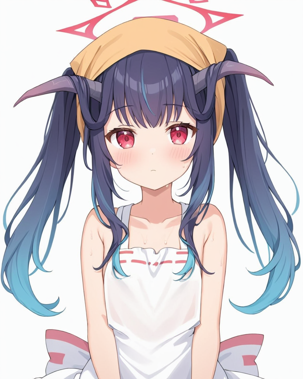 fuuka \(blue archive\),1girl, naked_apron, solo, halo, horns, white_background, simple_background, blush, twintails, sweat, looking_at_viewer, frilled_apron, white_apron, small_breasts, closed_mouth, head_scarf, collarbone
<lora:fuuka_(blue_archive)_image510_2023-11-23-000012:1>. gorgeous,key visual, vibrant, studio anime,award-winning, professional, highly detailed,high budget, cinemascope