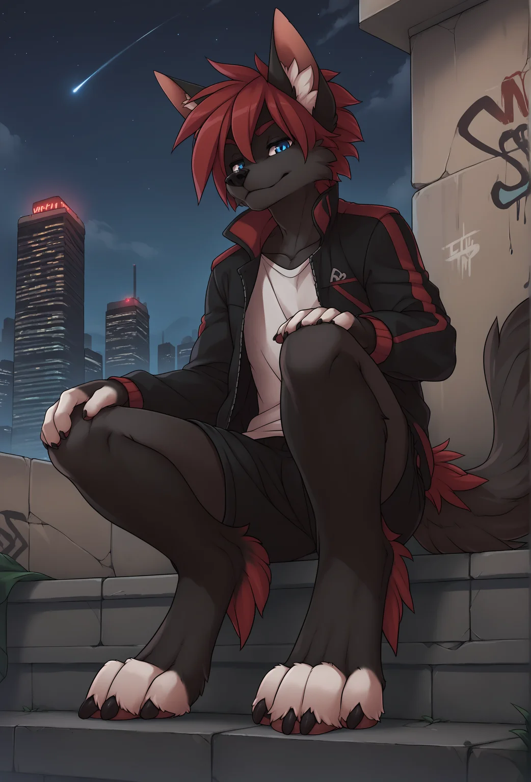 score_9, score_8_up, score_7_up, score_6_up, score_5_up, score_4_up, outdoors, cityscape, black sky, night, starry sky BREAK
<lora:nytro_fluffkevlar_ponyXL_v1.5_0.99:1> nytro, 1boy, solo, furry, red hair, blue eyes, jacket,white shirt, black shorts, sitting on a ledge, light smile, black fur, digitigrade, graffiti, (foot focus:0.6), from below