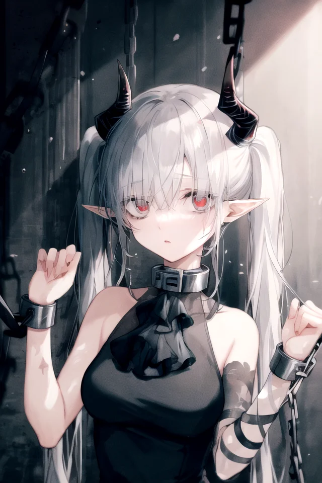 <lora:sarkazgirl-03:1>, BREAK 1girl, white hair, black horns, pointy ears, very long hair, twintails, medium breasts, voluminous hair, disheveled hair, red eyes, black dress, black ascot, upper body, dirty, tired, (bags under eyes:1.2), chain, chains, chained down, chained wrists, metal collar, chained collar, asymmetrical clothes, single bare shoulder, single sleeve