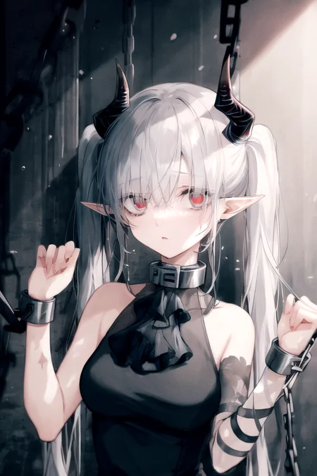 <lora:sarkazgirl-03:1>, BREAK 1girl, white hair, black horns, pointy ears, very long hair, twintails, medium breasts, voluminous hair, disheveled hair, red eyes, black dress, black ascot, upper body, dirty, tired, (bags under eyes:1.2), chain, chains, chained down, chained wrists, metal collar, chained collar, asymmetrical clothes, single bare shoulder, single sleeve