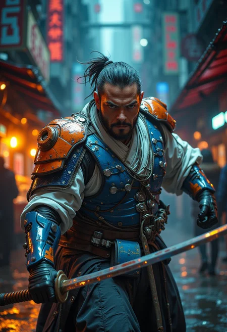 character portrait, dramatic action photograph, cinematic scifi film, "ghost in the shell" and "cyberpunk 2077" and "blade runner", dark night nighttime photography with dim indirect lighting, busy marketplace in a futuristic megastructure, very broad wide pedestrian area, hectic marketplace, foodstands, vertical layers, vertigo effect;;; Actual action: solo, alone, big old japanese steroid musclechub cyborg (old, big belly, musclechub, sideburns, blue armor, orange metal shoulder plates, white cloth robe, with cables and wires, analogue tech, samurai haircut with ponytail) fighting with a single huge holographic crystal electrified katana, epic dynamic athletic sword dual with acrobatics where he attacks with their swinging sword, the images camera perspective is very tense and dynamic and close to the action
