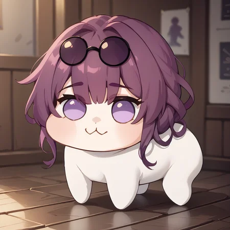 score_9, score_8_up, score_7_up BREAK doro, creature, :3, chibi, no humans, clamKafka, purple hair, eyewear on head, white skin, four legs, solid circle eyes, no pupils <lora:clamKafkaPDXL:1> <lora:Doro_X_PDXL_V1:1>