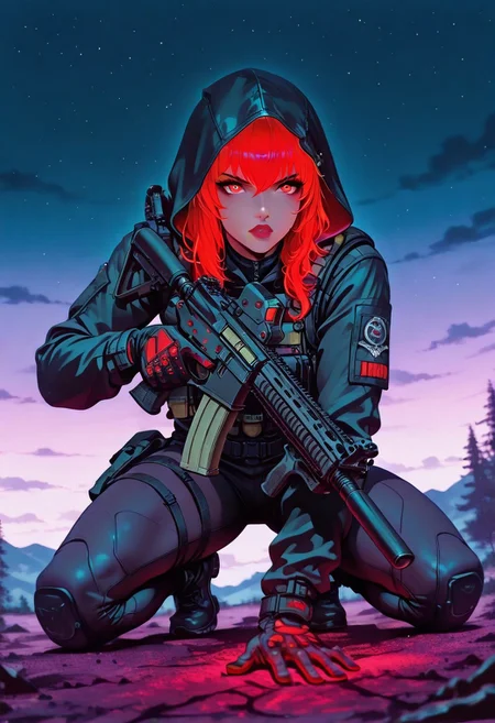 masterpiece, best quality, good quality, very aesthetic, absurdres, newest, 8K, depth of field, focused subject, epic, 1girl, woman, glowing red eyes, pl4nk, gloves, holding an AR15 assault rifle, low ready position, trigger discipline, fighting stance, nightstalker, outdoors, clear night sky, red and black color palette, dynamic angle of attack, in the style of cknc, in the style of ck-rw