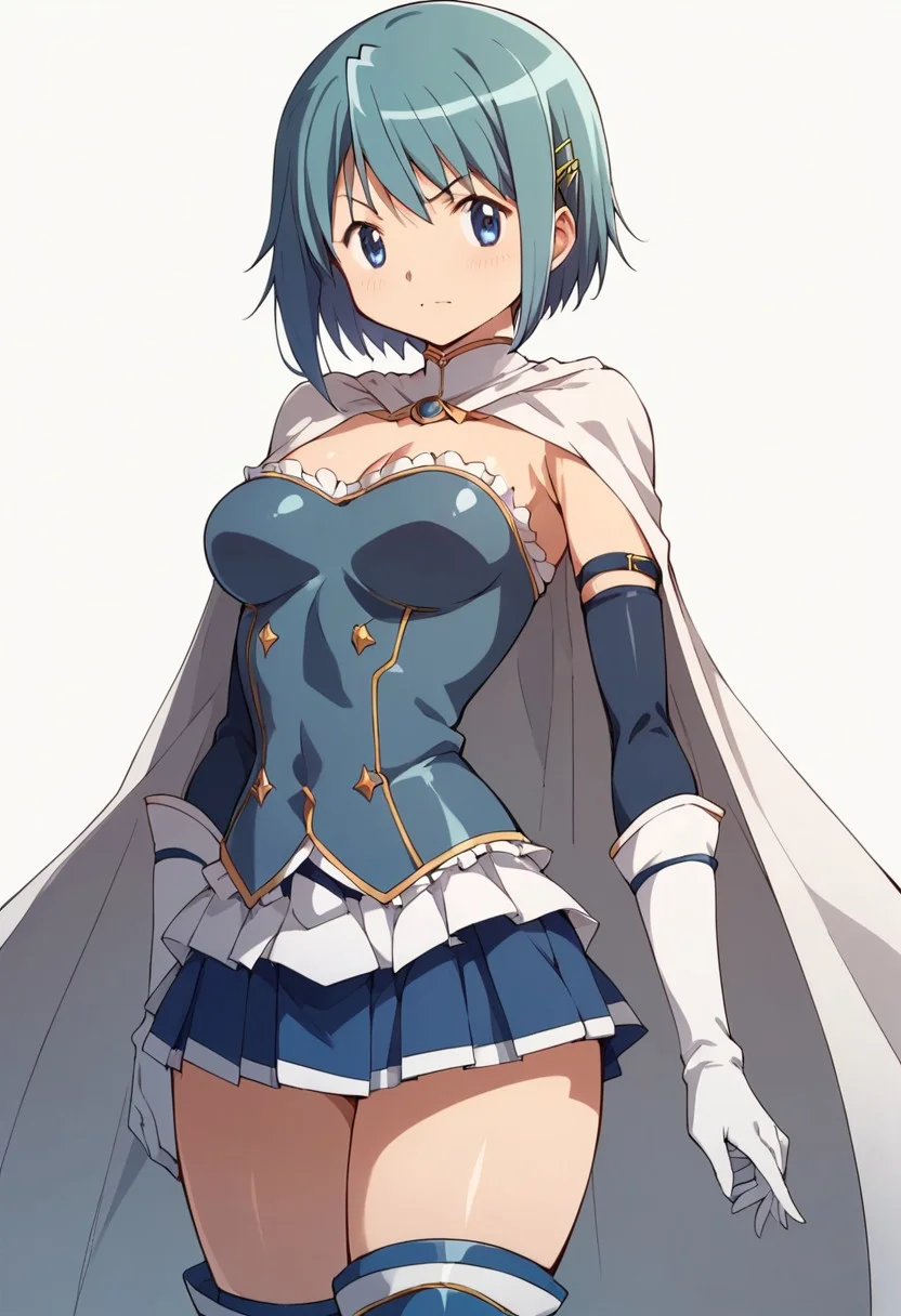 score_9, score_8_up, score_7_up, score_6_up, score_5_up, score_4_up, masterpiece, anime_lineart anime coloring, solo, big thighs, thin waist, medium breasts, White background, Sayaka Miki, Blue hair, blue eyes, Short hair, magical girl, Short skirt, cape