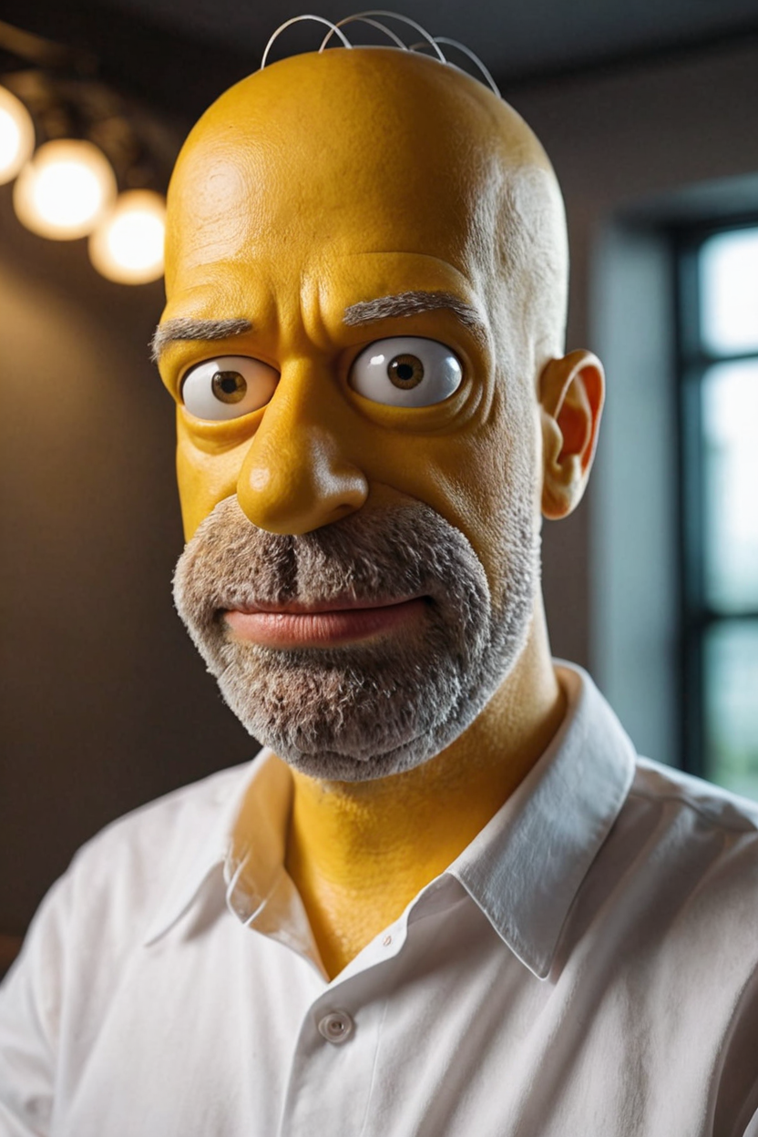 cinematic photo bald man,male focus,beard,close up on face,white shirt,40 y.o,(Homer Simpson character:1.95) . 35mm photograph, film, bokeh, professional, 4k, highly detailed