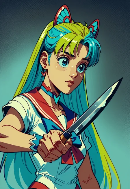 PonyXLV6_Scores  MangaAesthPDXL fern ,holdkknife, butterfly, magical girl, sailor scout uniform, rainbow hair, upper body,holding,holding knife,kitchen knife