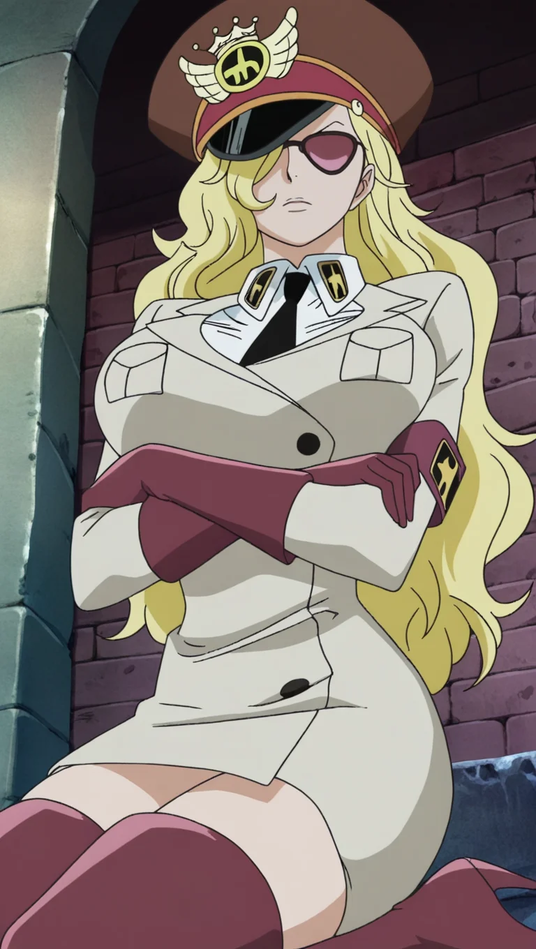 source_anime, masterpiece, best quality, amazing quality, anime screencap, high quality, 8k, absurdres, official style, 1girl, solo, looking at viewer, serious, arms crossed, <lora:Domino_OP_iL:1>, d0m1n0, blonde hair, long hair, hair over one eye, sunglasses, breasts, large breasts, shirt, thighhighs, red thighhighs, thigh boots, heels, long sleeves, gloves, red gloves, hat, jacket, white shirt, collared shirt, necktie, uniform, military, armband, peaked cap, black necktie, pocket,