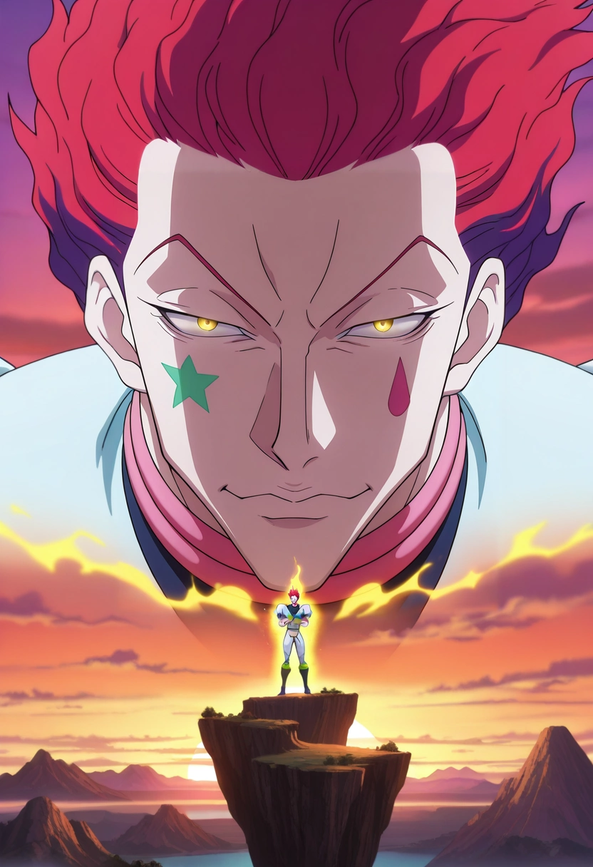 masterpiece, best quality, , anime screencap, anime coloring, official style, , 1boy, solo, male focus, <lora:hisoka_morow_ilxl:0.9>, hisoka_morow, red hair, yellow eyes, , cliff, valley, floating island, waterfall, glowing crystal, mist, sunset, magic, mountain, panorama, triumphant pose, determined expression,