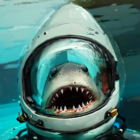 Close-up of a frightened diver, eyes wide open, a huge shark reflected in the glass of his helmet, caricature, albeniz rodriguez style <lora:albeniz-rodriguez-style:0.9>