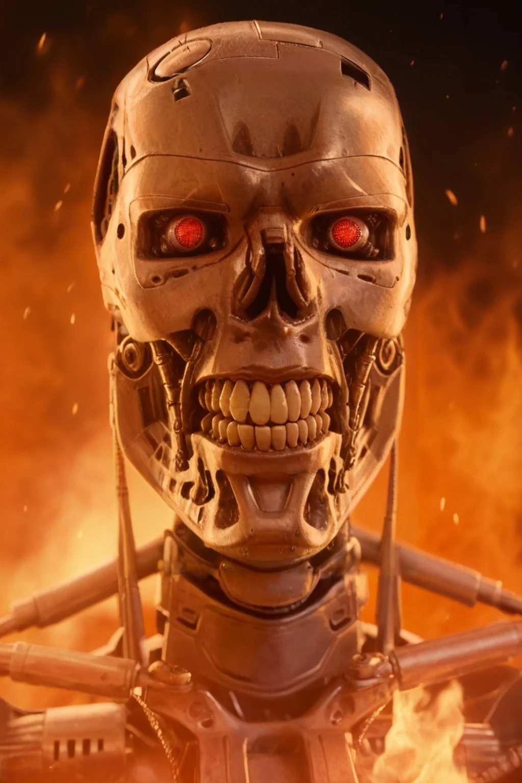 T800_Endo, Terminator robot, score_9, score_8_up, score_7_up, (source_IRL, source_movie), cinematic, realistic, masterpiece, high quality, highres RAW photo, ((close-up shot, close-up head shot, front view))
a T800_Endo Terminator Robot with red eyes, he is made of metal, he is made of shiny chrome metal, new, clean, <lora:T800_Endo_Terminator_Pony_v1-000013:1>
(standing in flames, robot mouth, mouth open: 1.4, screaming: 1.4)
black background, in flames, fire, flames and fire everywhere, there is so much fire
dynamic lighting, highly detailed, intricate details