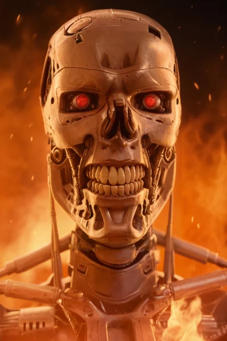 T800_Endo, Terminator robot, score_9, score_8_up, score_7_up, (source_IRL, source_movie), cinematic, realistic, masterpiece, high quality, highres RAW photo, ((close-up shot, close-up head shot, front view))
a T800_Endo Terminator Robot with red eyes, he is made of metal, he is made of shiny chrome metal, new, clean, <lora:T800_Endo_Terminator_Pony_v1-000013:1>
(standing in flames, robot mouth, mouth open: 1.4, screaming: 1.4)
black background, in flames, fire, flames and fire everywhere, there is so much fire
dynamic lighting, highly detailed, intricate details