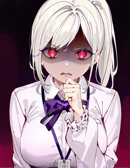 masterpiece, perfect quality, best quality, absolutely eye-catching, absurdres, highres, newest, mile \(off8mile\), <lora:sizzillustriousXL:1>, 1girl, sizzscience, hand up, shaded face, glowing eyes, disgust, angry, looking at viewer, upper body,
