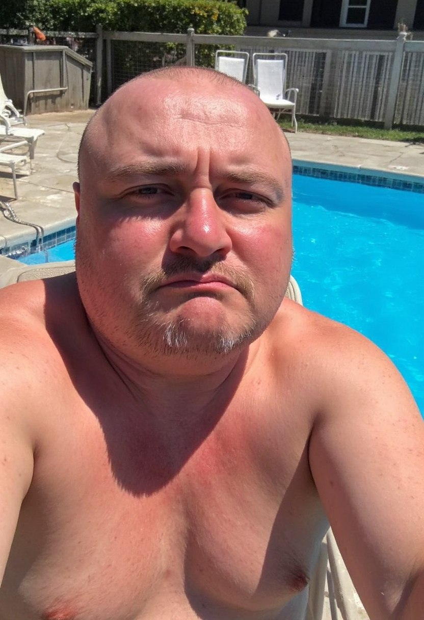 photo selfie of an overweight 60 y.o man sitting on a deck chair by a pool on a sunny day, shirtless, wet skin, frowning <lora:mobile-000081:1>