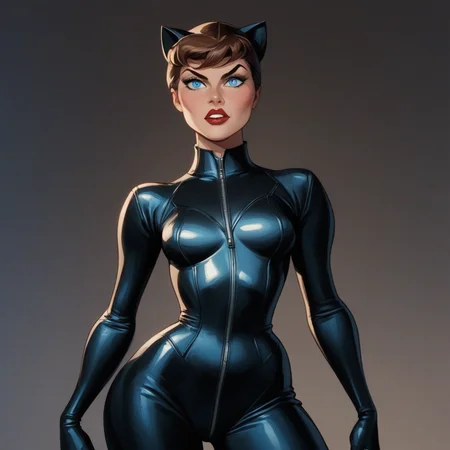 score_9, score_8_up, score_7_up,score_6_up, artist style:Urushihara Satoshi, source_hentai, source_anime, masterpiece, 2D, catwoman, selina_kyle, bruce_timm, pinup_(style), T1mmStyl3, BREAK, selina_kyle,, solo, 1woman, brown hair, blue eyes, catsuit, leather, skintight, black_bodysuit, pinup,