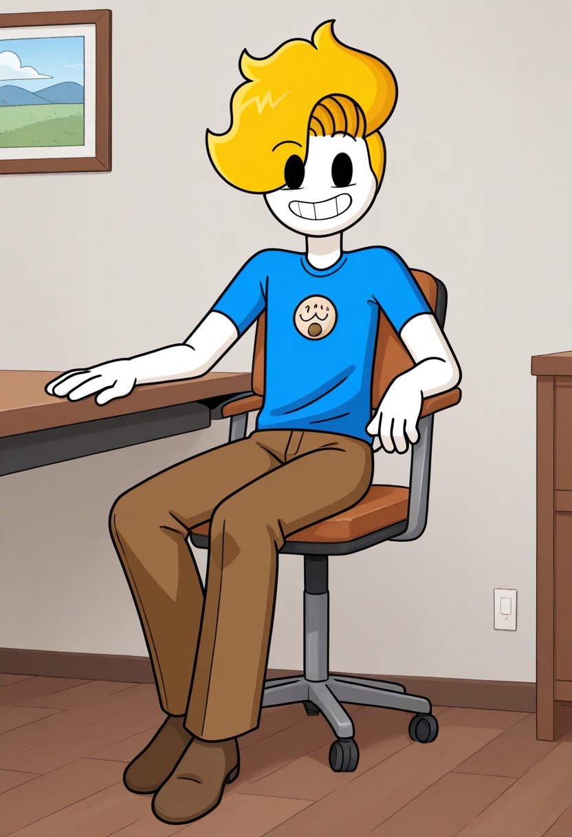 score_9, score_8_up, score_7_up, Bryson_(Haminations), 1boy, solo, blonde hair, black eyes, pale white skin, blue shirt, short sleeves, brown pants, brown shoes, smile, looking at viewer, sitting, sitting on chair, grin, indoors