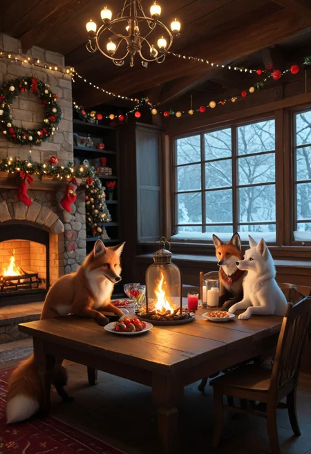 fluffy_new_year, merry_furistmas , a realistic and heartwarming scene featuring a family of white foxes preparing for the New Year celebration in a cozy and festive setting. The room is adorned with traditional decorations, including red lanterns, hanging ornaments, and a table filled with delicious dishes and treats.
The fox family, dressed in festive attire, works together joyfully: one fox is arranging flowers, another is placing food on the table, while playful fox cubs are chasing each other around the room. A glowing fireplace adds warmth to the atmosphere, and outside the window, snow gently falls, creating a magical winter backdrop. The scene captures a vibrant and cheerful New Year spirit.
