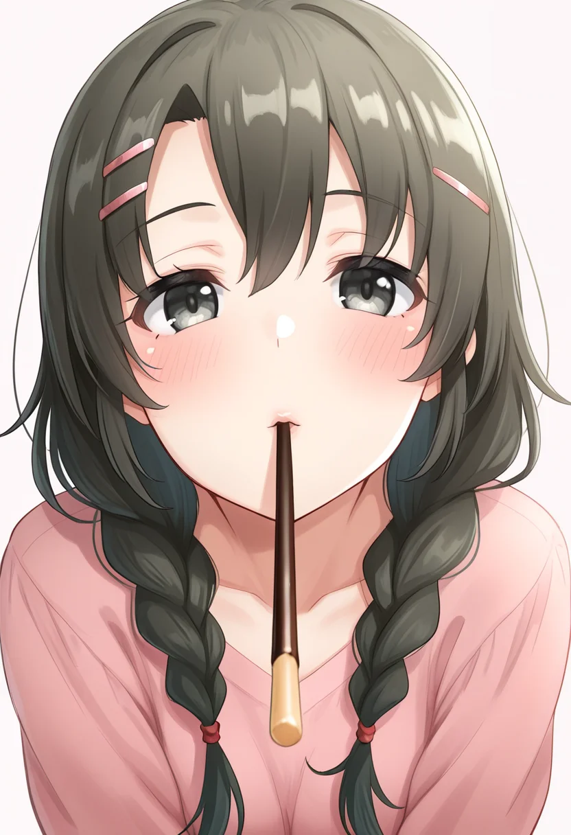 1girl, oregairumeguri, brown hair, long hair, twin braids, hairclip, black eyes, looking at viewer, cute, incoming pocky kiss, <lora:Meguri_ill_v1:1>, masterpiece, best quality, high quality, detailed, absurdres