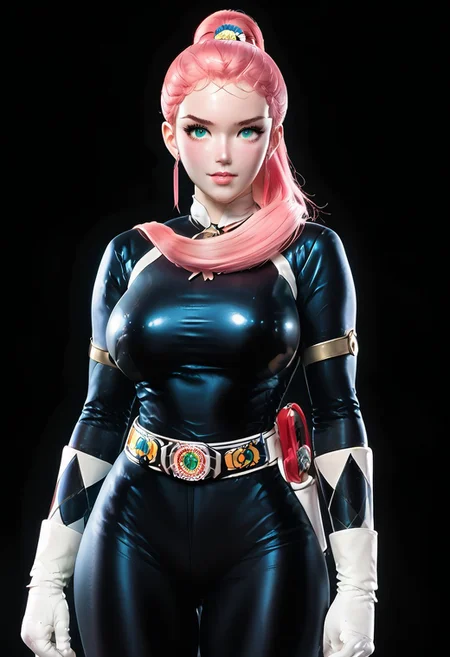 score_9, score_8_up, score_7_up, highly detailed,  raw, realistic, photo, 1girl, solo, a beautiful young woman, 24  years old, Long Yuyin, young woman, pink hair, long hair, ponytail, turquoise eyes, perfect face, black ranger, wearing black power ranger suit, white gloves, belt, bodysuit, power ranger, black bodysuit,  curvy body, huge breasts, wide hips, wide pelvis, thick thighs, standing,  night sky background, dramatic moon lighting. quarry, dynamic pose, cowboy shot, looking at viewer. Adding depth to the composition. High resolution, high detail. Highly detailed, 4k resolution.