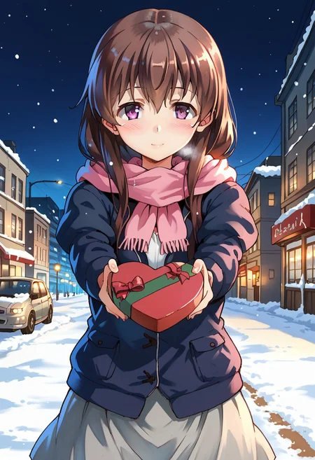 zPDXL3, score_9_up, score_8_up, score_7_up, (Anime_source), 1girl, solo, kisaragi, long hair, brown hair, brown eyes, purple eyes, kisaragi (kancolle), dark blue jacket, hood, open jacket, pink scarf, white shirt, grey skirt, looking at viewer, <lora:heart-shaped-box-ponyxl-lora-nochekaiser:1>, heart-shaped box, holding, box, gift, valentine, incoming gift, light blush, outstretched arms, cold weather, snow, highly detailed city, city lights, city streets, buildings, cityscape, highly detailed background, cinematic, dutch angle, perfecteyes, traditional media, <lora:add-detail-xl:0.4>, perfect hands, warm exterior lighting, subtle shadows, soft, cinematic, compelling composition, storytelling elements, conveys emotion, mood, and narrative depth, hdr, 8k wallpaper, ultra high quality, (extremely detailed cg), perfect lighting, (sharp image)