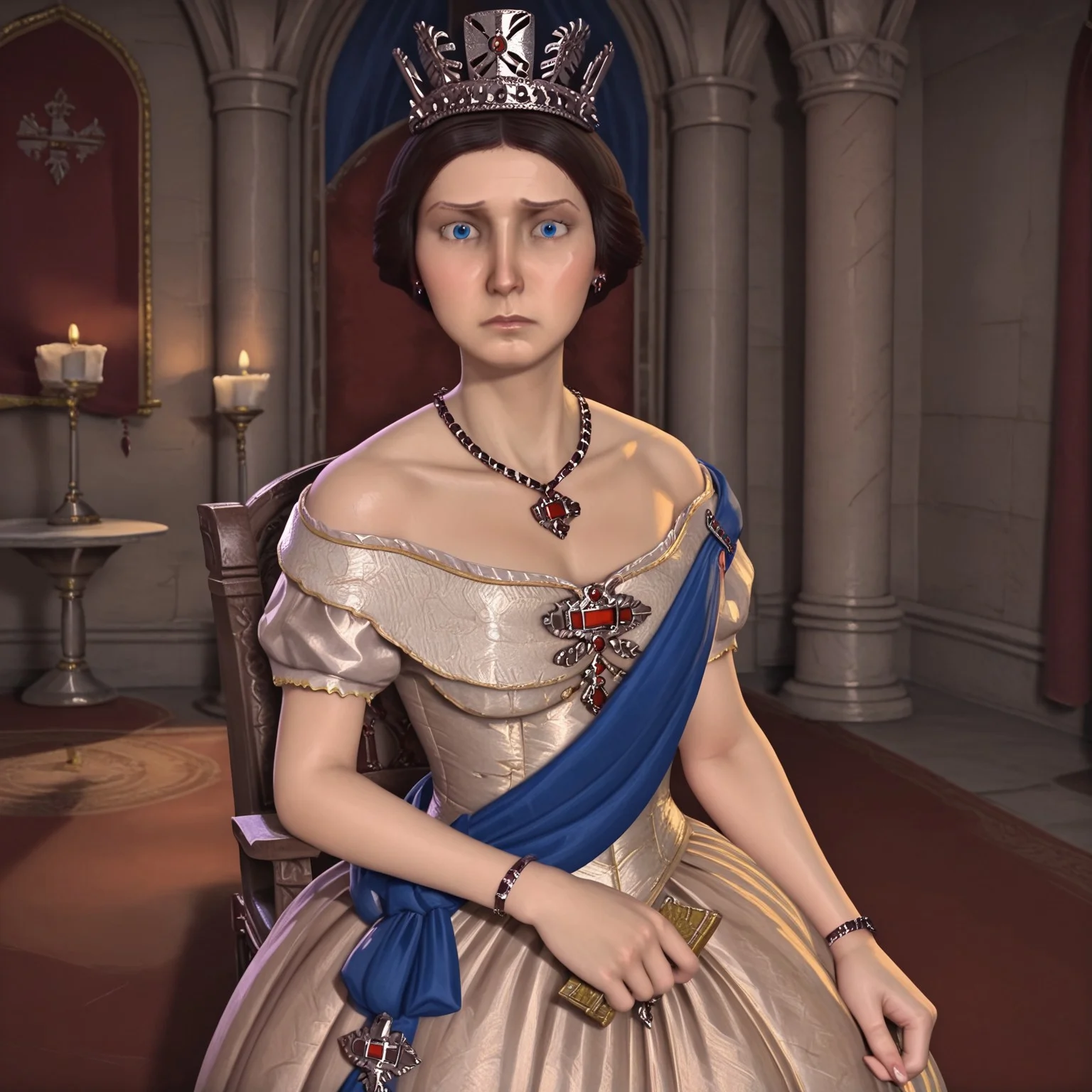 victoria empire, blue eyes, solo, 1girl, throne room, castle interior, stone castle, empire dress, empire hat, empire jewelry, frowning, holding fan, unhappy