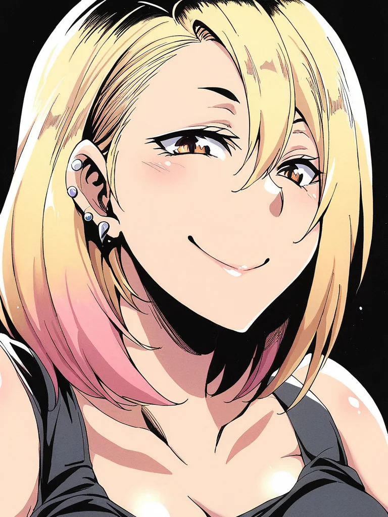 score_9, score_8_up, score_7_up,  
1girl,  reina tt, blonde hair, medium hair, dyed hair, black streaks, ear piercing, large breasts, brown eyes,

face, tank top, close-up, black background, smile, closed mouth, looking at viewer,

