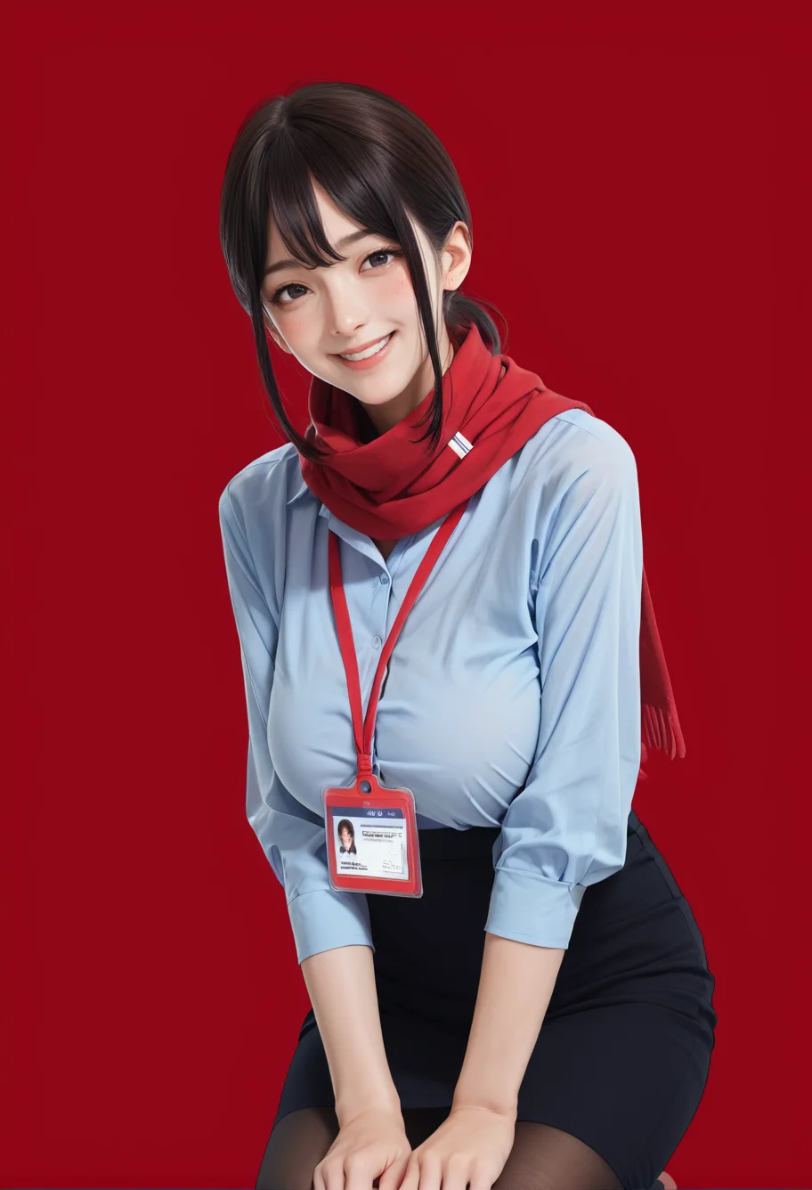 1girl,solo,red background,,ruanyi0904,black skirt,blue shirt,red scarf,red lanyard,ID card,black pantyhose,<lora:0904 Douki Chan clothing_v1_pony:1>, score_9, score_8_up, score_7_up, score_6_up, score_9, score_8_up, score_7_up, score_6_up source_anime, blush, 1girl, seduce smile, perfect body , natural huge breasts