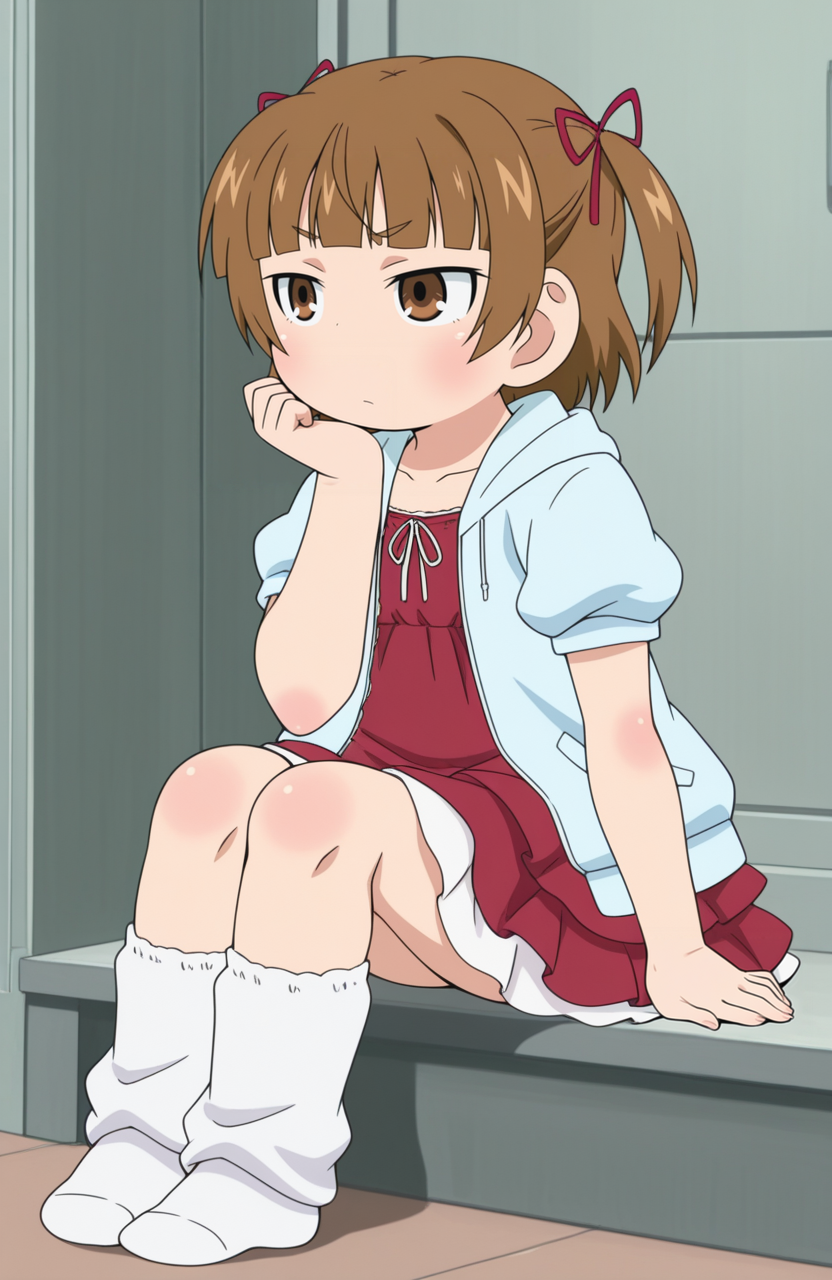 1girl, solo,
murai mitsuba, brown hair, twintails, hair ribbon, brown eyes, child, blue lace-trimmed hoodie, short puffy sleeves , hood up, red dress, layered dress, white loose socks, no shoes, sitting, chin resting on hand, thoughtful gaze, pensive expression, calm expression,
 <lora:Mitsudomoe:0.9> mitsudomoe, extremely detailed, highres, masterpiece, best quality
