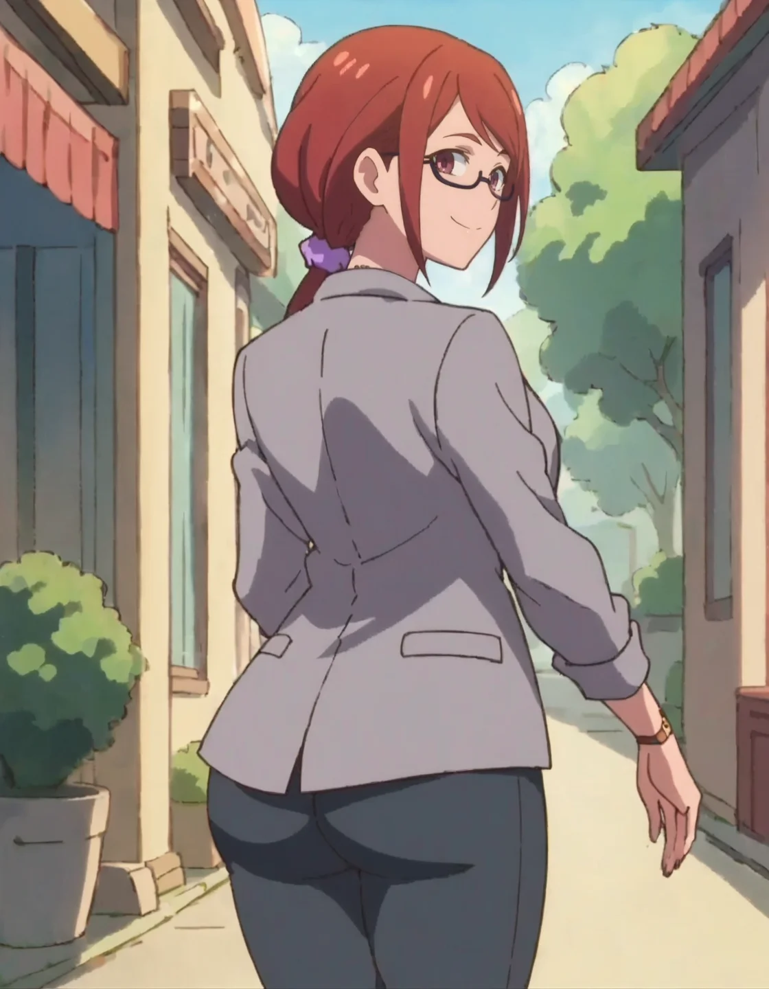 score_9, score_8_up, score_7_up, anime screencap, solo,1girl,nonosumire, glasses, jewelry, necklace, pants, jacket, purple scrunchie, semi-rimless eyewear, looking at viewer,watch,cowboy shot,medium breasts,wide hip,smile ,from behind,huge ass<lora:nonosumire:0.8>