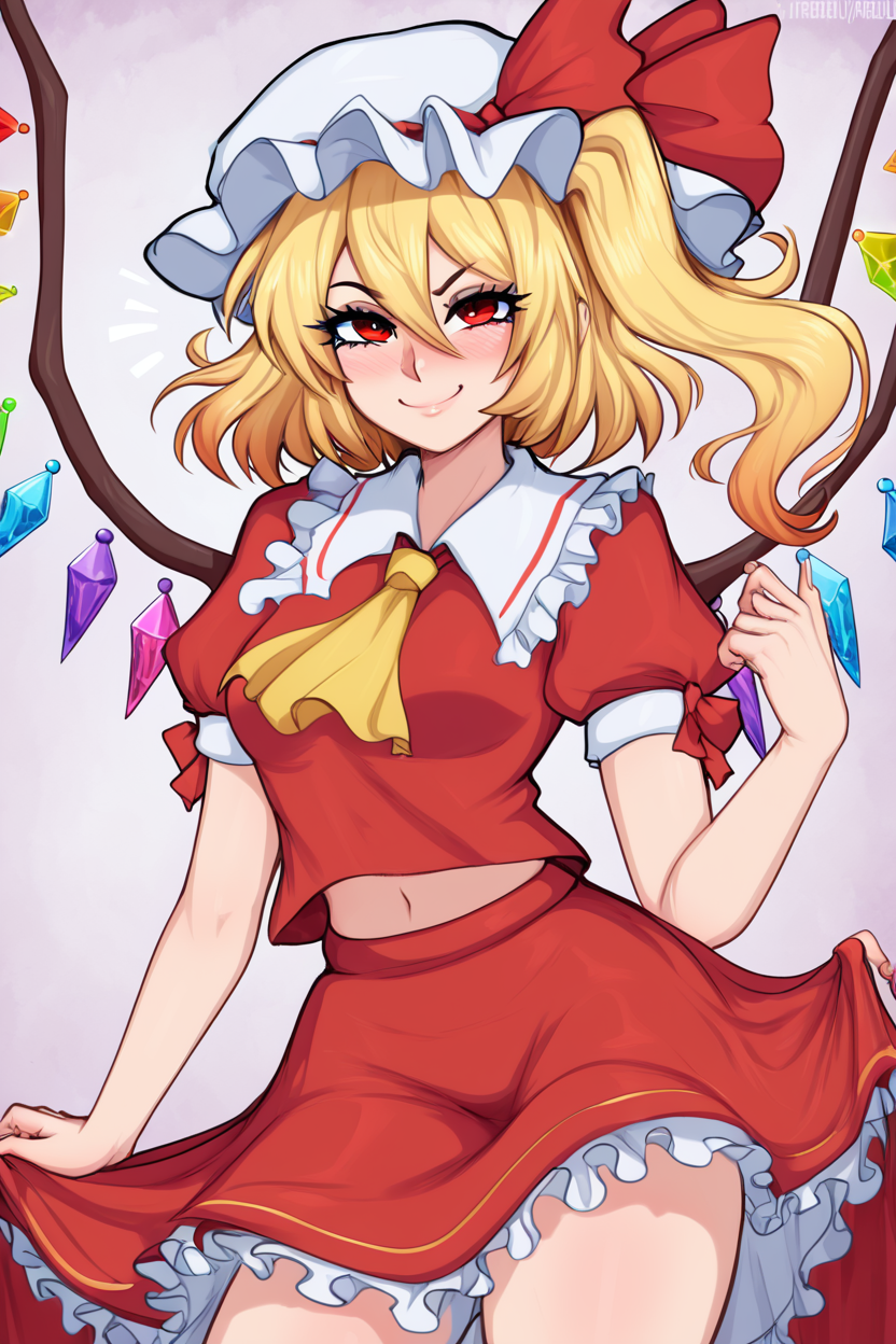 score_9, score_8_up, score_8, medium breasts, (curvy), cute, eyelashes,       BREAK, ,  ,,,  zzFlandre, red eyes, blonde hair, one side up, hair between eyes,  wings, ascot, red skirt, hat ribbon, short sleeves, puffy sleeves, mob cap, red shirt,  <lora:FlandreTouhou_PDXL:0.8>,   ,,, , BREAK, <lora:Afrobull_PDXL_v4:0.8>,  ,,, BREAK, smile, looking at viewer, closed mouth, cowboy shot,  ,,, embedding:zPDXL, Expressiveh, ,,, <lora:SDXLFaeTastic2400:0.5>, <lora:Expressive_H-000001:0.4>,