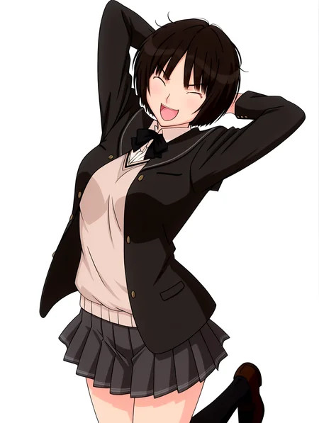 best quality,masterpiece,anime screencap,simple background,solid white background,
1girl,solo,
looking at viewer,
<lora:IL-AMAGAMI-TACHIBANA-MIYA-09:1>,il-tachibana-miya,amagami,kibito high school uniform,1girl,school uniform,solo,jacket,sweater vest,bowtie,pleated skirt,black socks,loafers,
closed eyes,v-shaped eyebrows,arms behind head,giggling,
