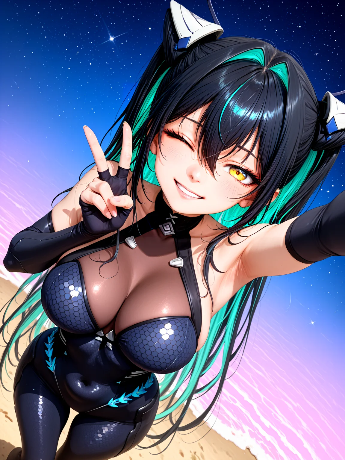 1girl, solo, sirenlittlemermaidnikke, very long hair, hair intakes, twintails, hair between eyes, multicolored hair, colored inner hair, two-tone hair, black hair, aqua hair, yellow eyes, large breasts, BREAK,
black bodysuit, backless bodysuit, halterneck, covered navel, bare shoulders, gloves, hexagon print, honeycomb \(pattern\), honeycomb print, <lora:Little_Mermaid_Siren:1>, BREAK,
one eye closed, looking at viewer, smile, selfie, v, peace sign, reaching towards viewer, hand out of frame, from above, dutch angle, BREAK,
grass, sand, starry sky background, gradient background, pink background, blue background