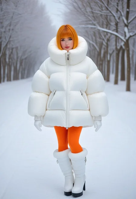 Thick down padded jacket, Thick puffer padded jacket, very cold, winter, snow, snowing, lumine (genshin impact), half-realistic, short hair, short hair with long locks, blonde hair, bangs, sidelocks, hair between eyes, yellow eyes/orange eyes, white gloves, fingerless gloves, thigh boots, white footwear, high heel boots, pressure cuffs, pressure collar, Thick padded cuffs, Thick padded collar, <lora:Collar-SDXL:0.6>, <lora:Cuffs-SDXL:0.6>, <lora:Puffer_Jacket_and_Down_Jacket_-_Extra_Puffy_Jackets:0.6>
